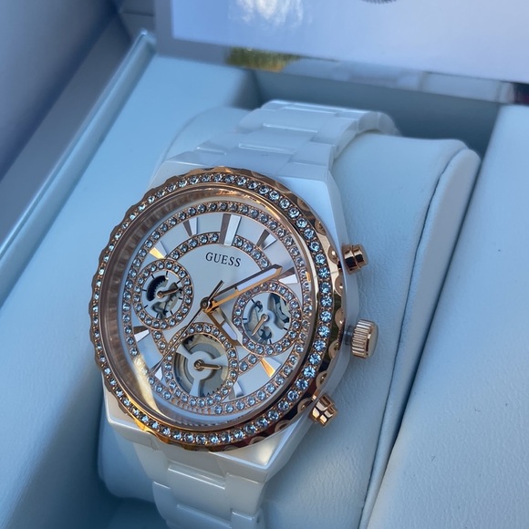 New GUESS Rose Gold-Tone and White Ceramic Multifunction Watch - Picture 1 of 9